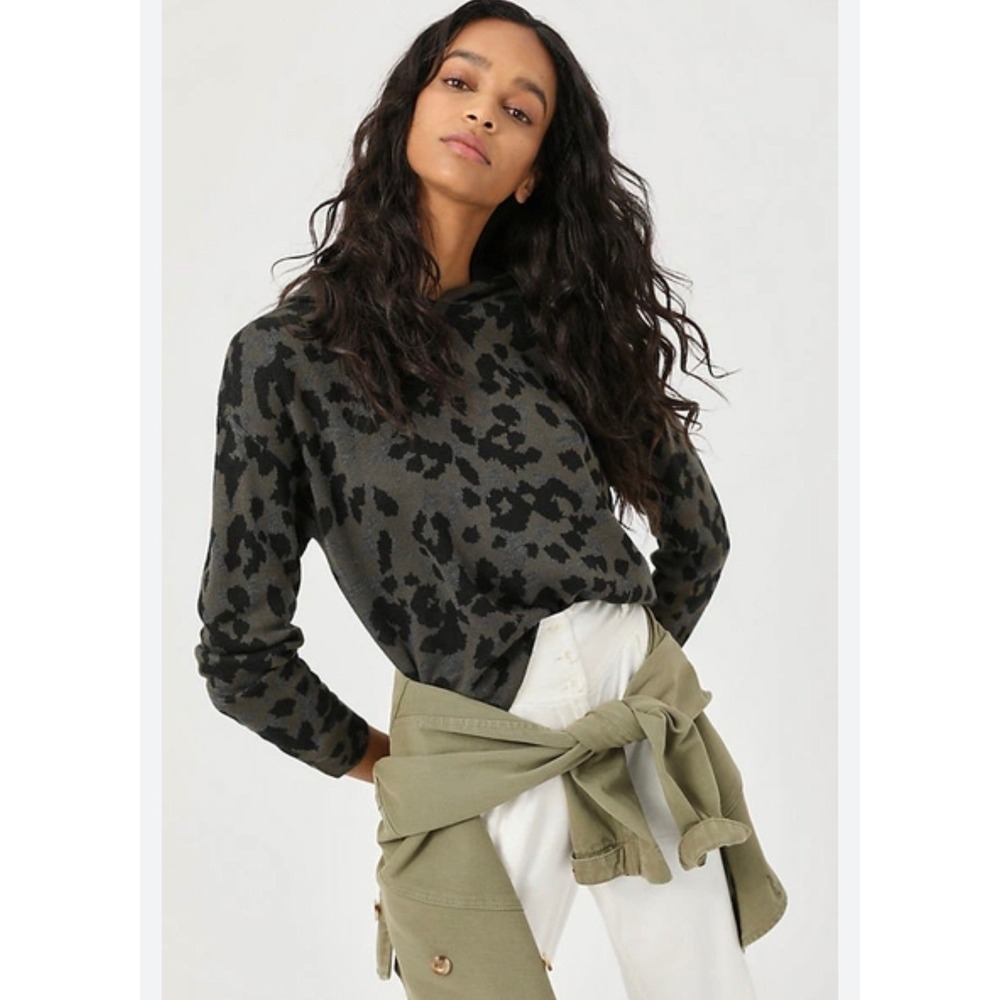 Anthropologie Kasia Leopard Print Hooded Sweater XL Olive Green Black Animal